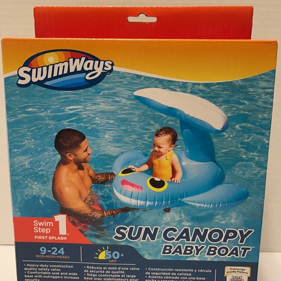 Swimways 9-24 Month Step 1 Blue Whale Sun Canopy Baby Boat Pool Float - Picture 2 of 5